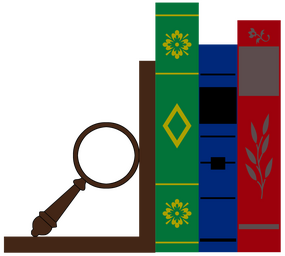 Graphic of bookends, held up with a magnifying glass